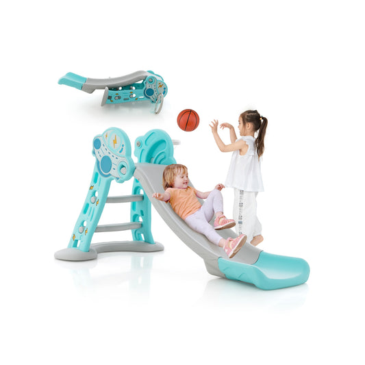 3-in-1 Folding Slide Playset with Basketball Hoop and Small Basketball-Blue Kids Crystal