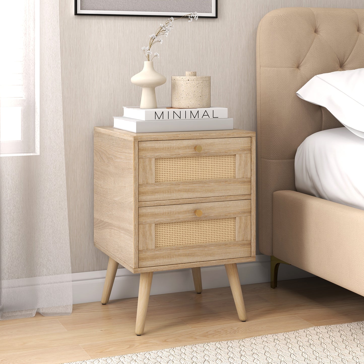 Rattan Nightstand Boho Accent Bedside Table with 2 Storage Drawers-Natural Kids Crystal
