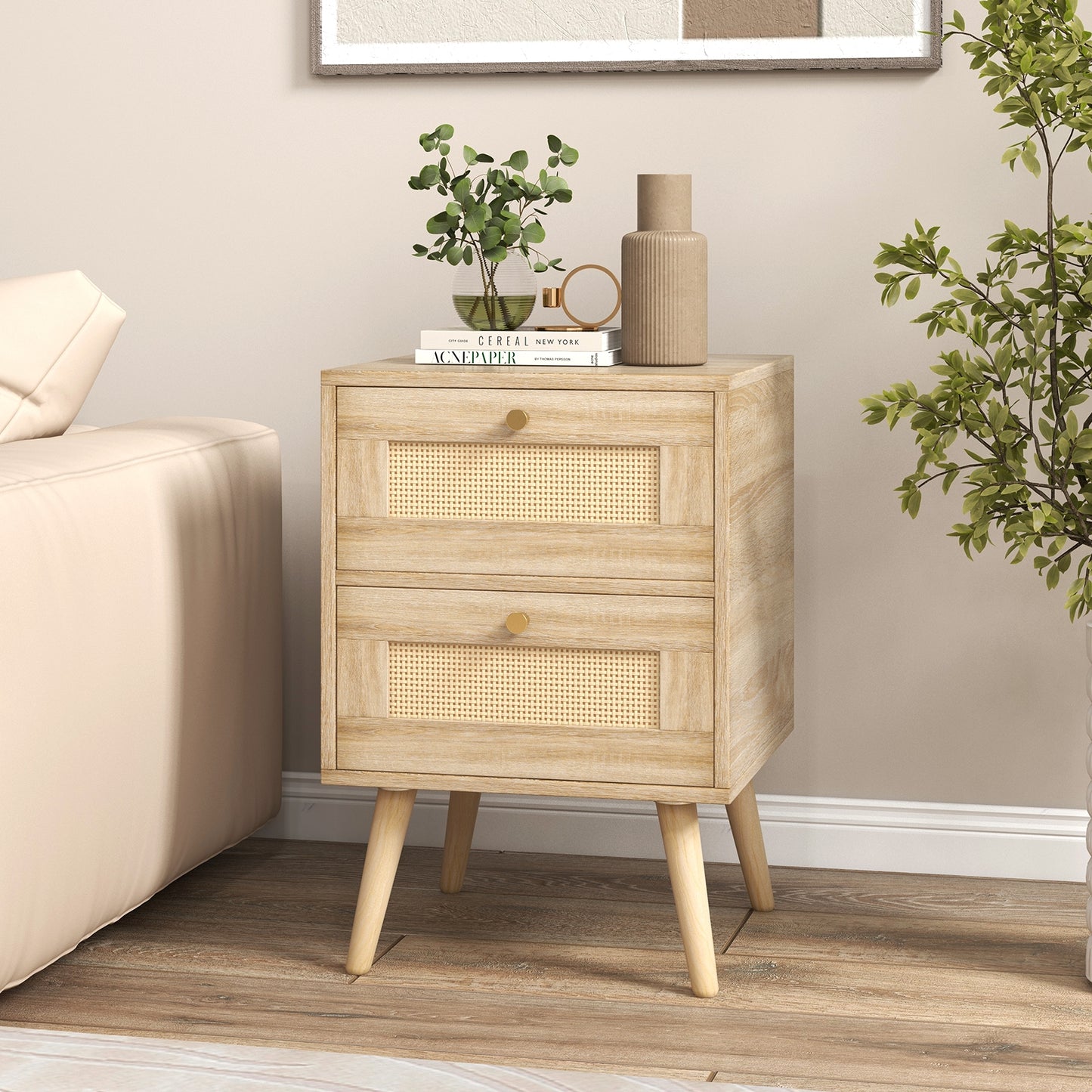 Rattan Nightstand Boho Accent Bedside Table with 2 Storage Drawers-Natural Kids Crystal