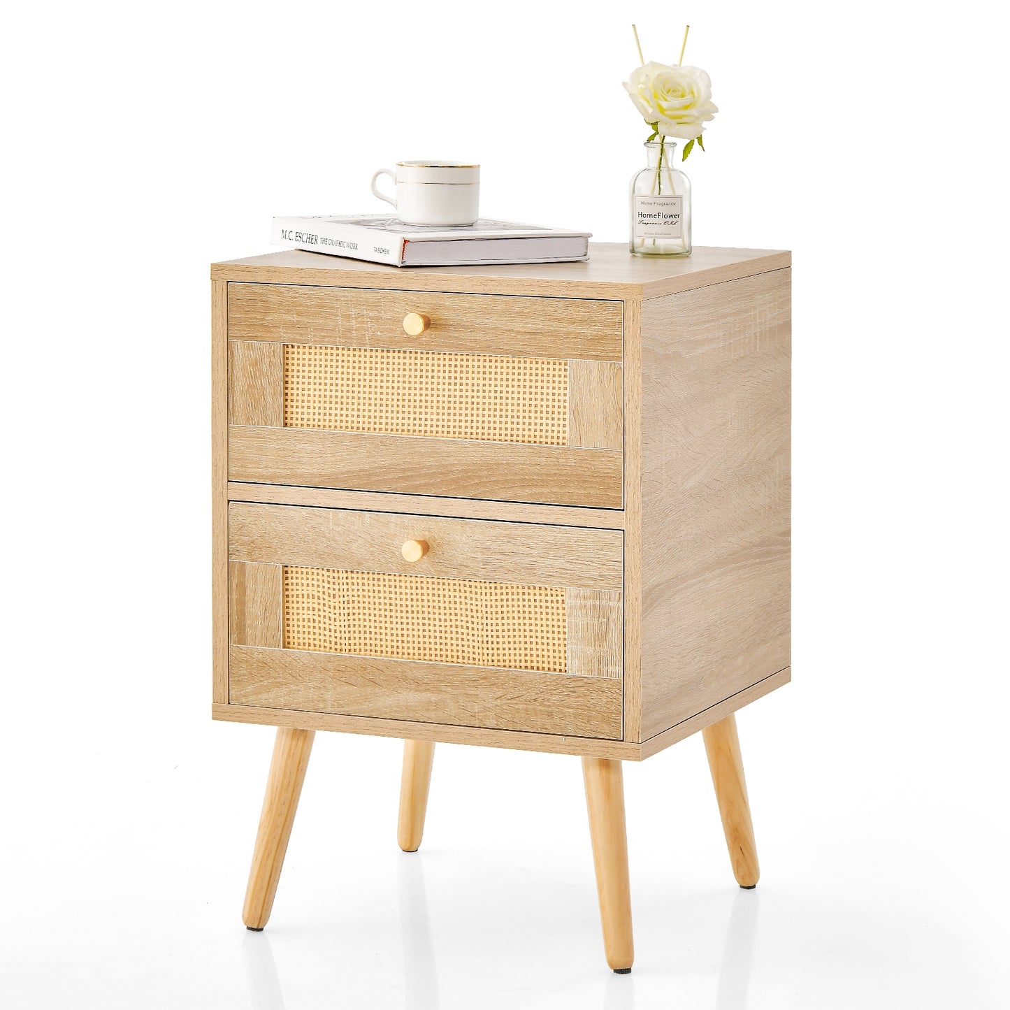 Rattan Nightstand Boho Accent Bedside Table with 2 Storage Drawers-Natural Kids Crystal