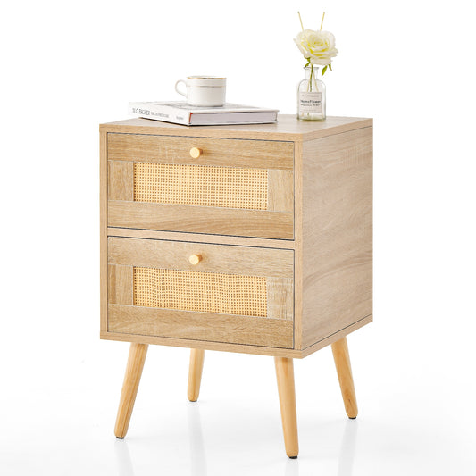 Rattan Nightstand Boho Accent Bedside Table with 2 Storage Drawers-Natural Kids Crystal
