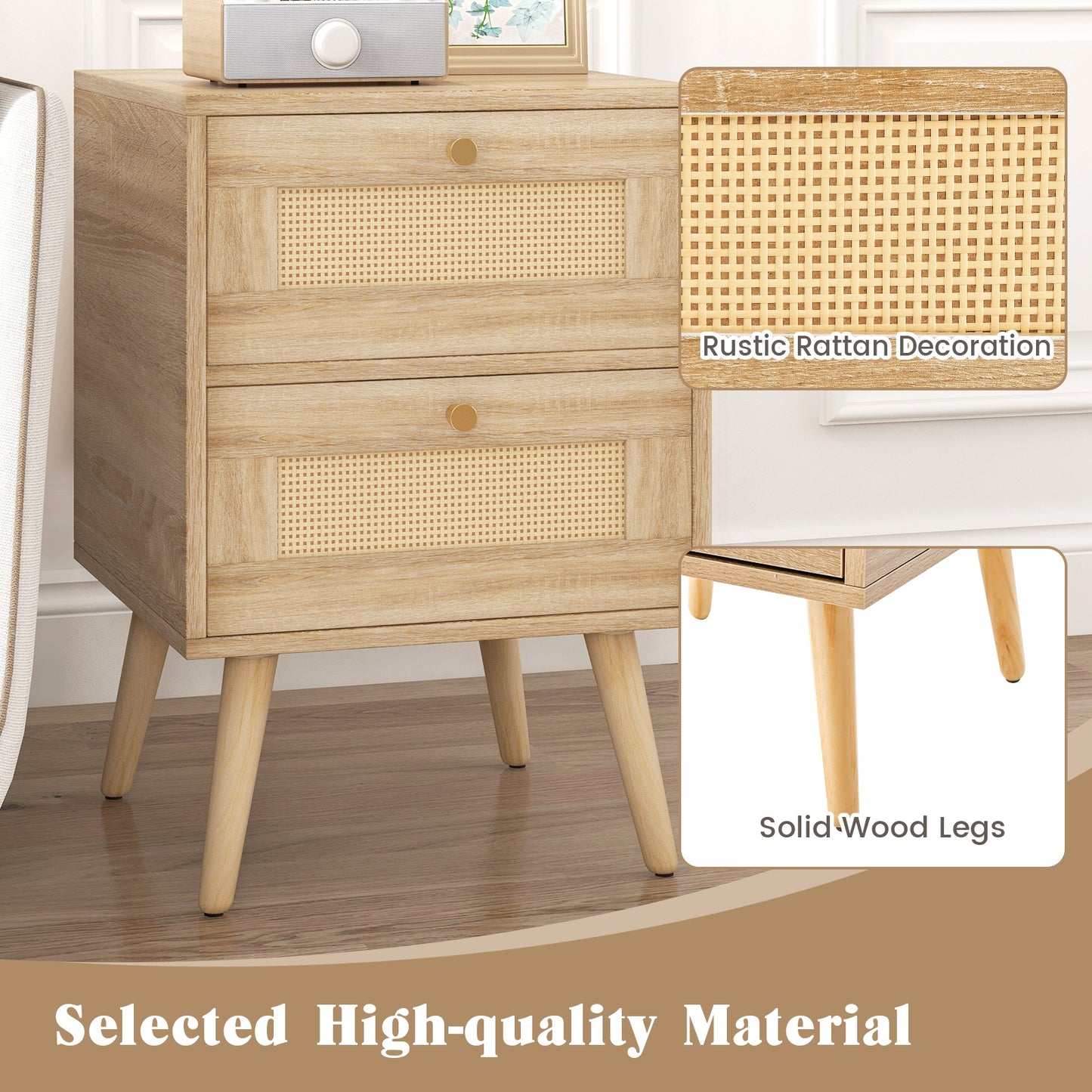 Rattan Nightstand Boho Accent Bedside Table with 2 Storage Drawers-Natural Kids Crystal