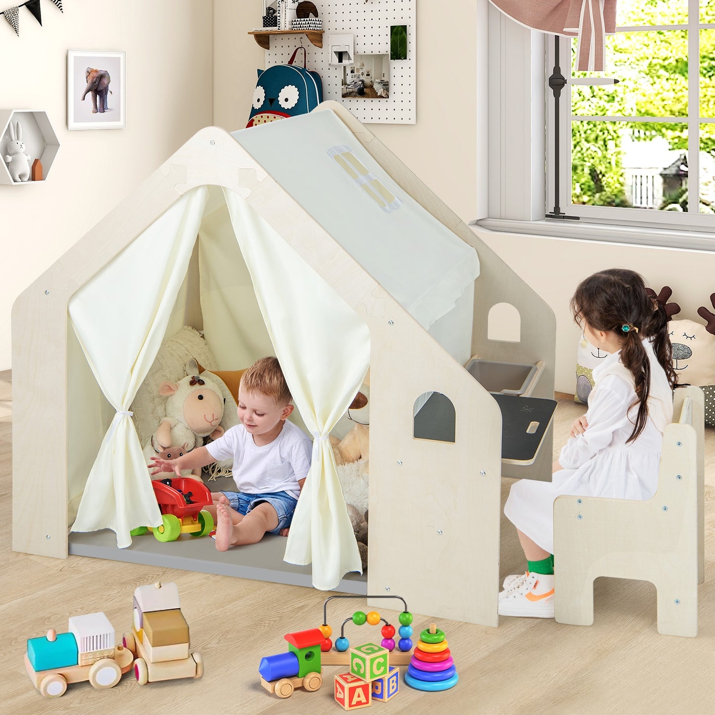 Montessori Style Indoor Playhouse with Storage Bin and Floor Mat for Toddlers Aged 2-6 Years Old-Beige Kids Crystal