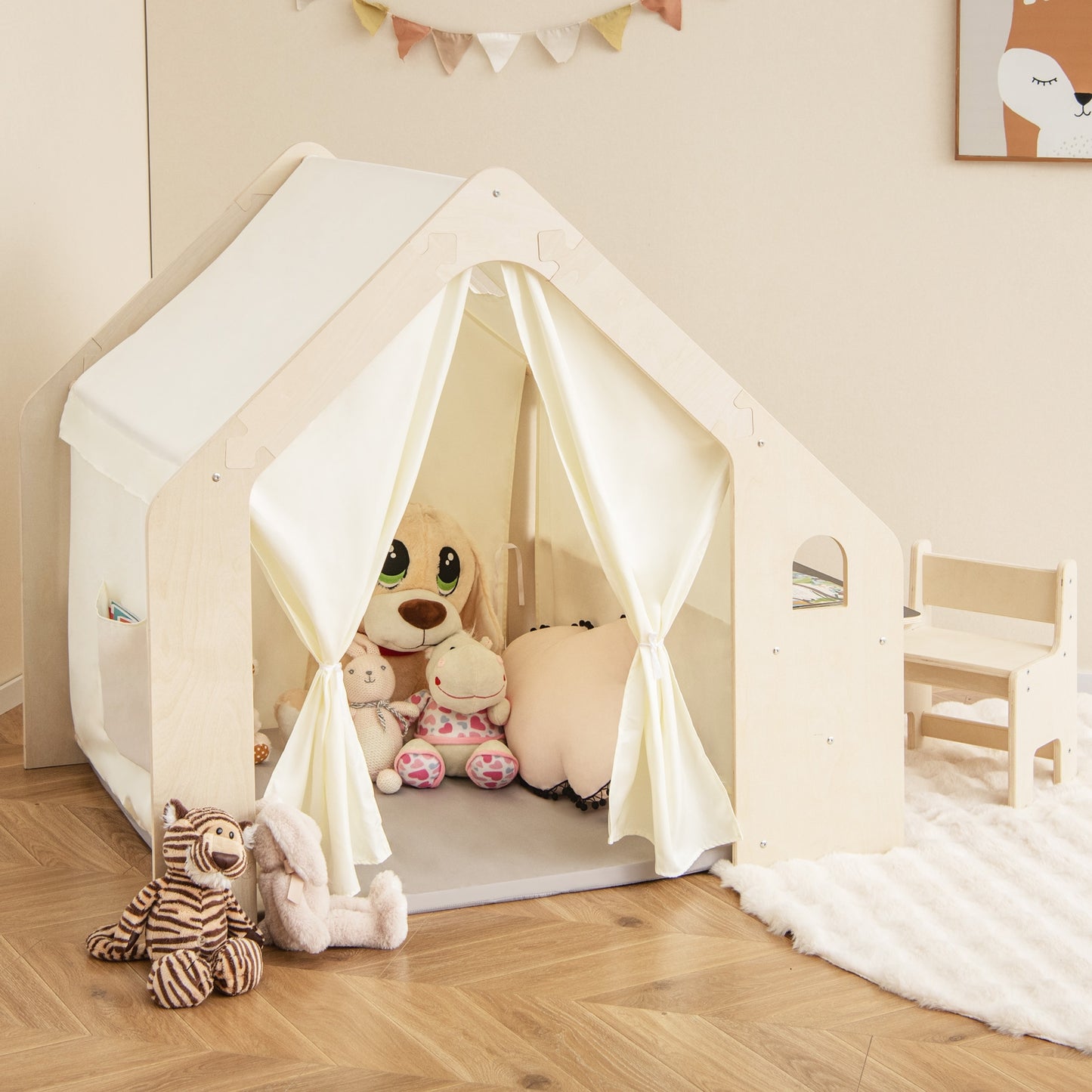 Montessori Style Indoor Playhouse with Storage Bin and Floor Mat for Toddlers Aged 2-6 Years Old-Beige Kids Crystal