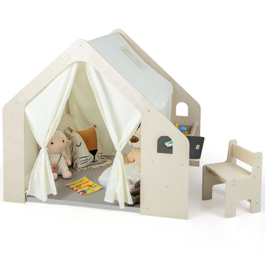 Montessori Style Indoor Playhouse with Storage Bin and Floor Mat for Toddlers Aged 2-6 Years Old-Beige Kids Crystal