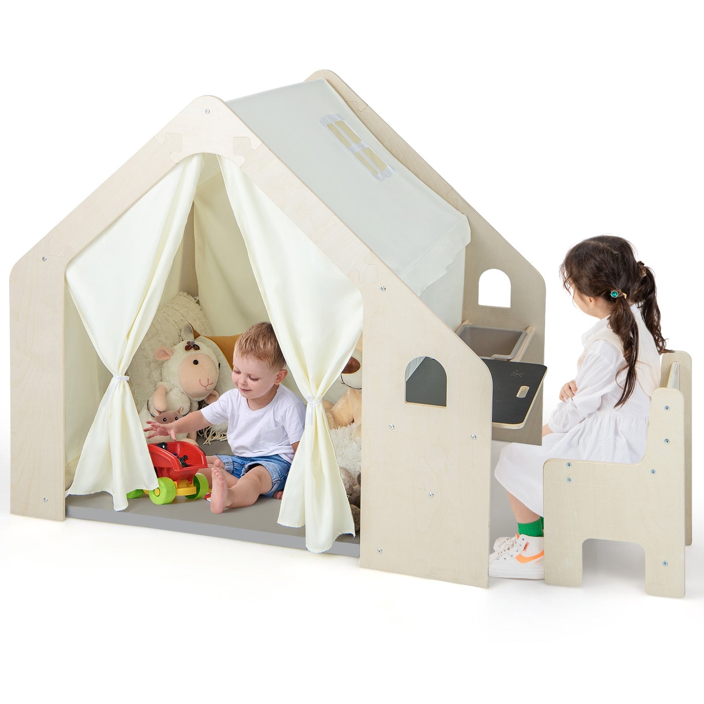 Montessori Style Indoor Playhouse with Storage Bin and Floor Mat for Toddlers Aged 2-6 Years Old-Beige Kids Crystal