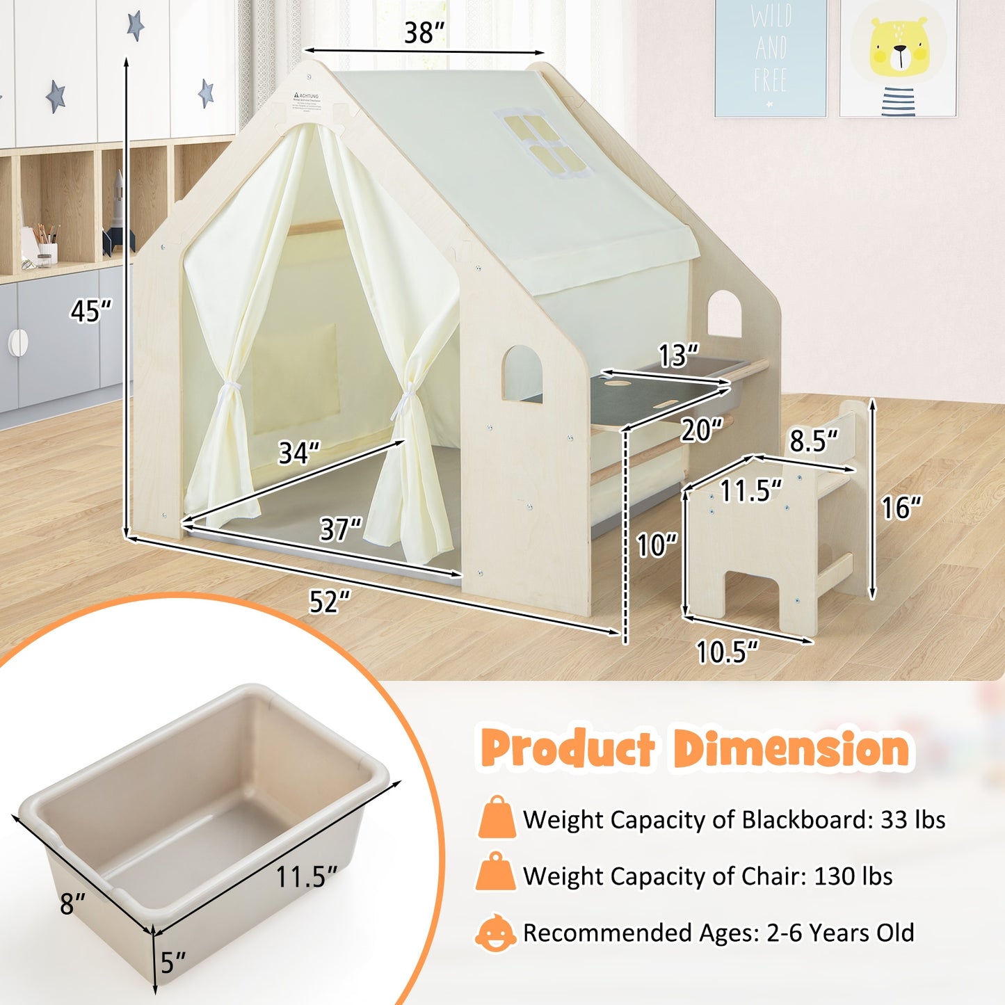 Montessori Style Indoor Playhouse with Storage Bin and Floor Mat for Toddlers Aged 2-6 Years Old-Beige Kids Crystal