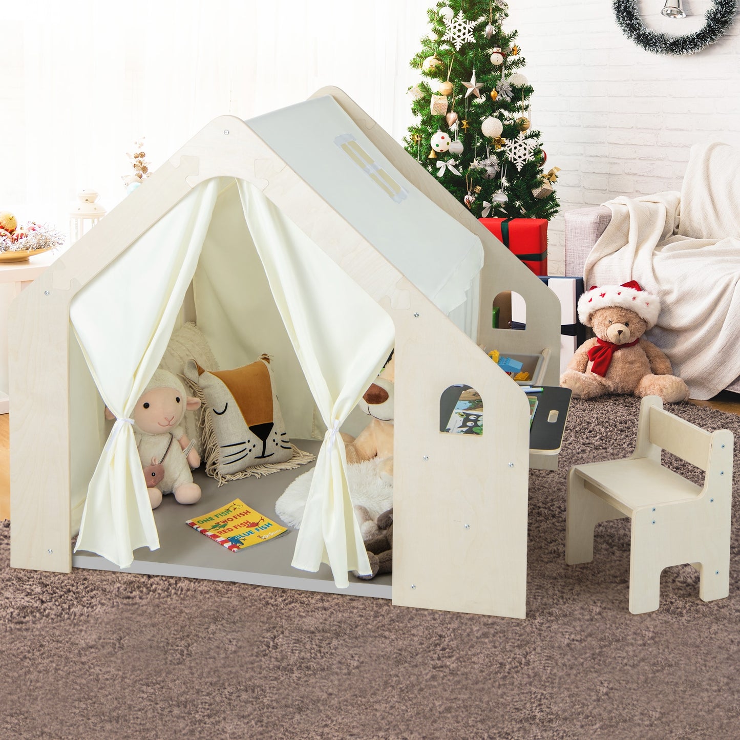 Montessori Style Indoor Playhouse with Storage Bin and Floor Mat for Toddlers Aged 2-6 Years Old-Beige Kids Crystal