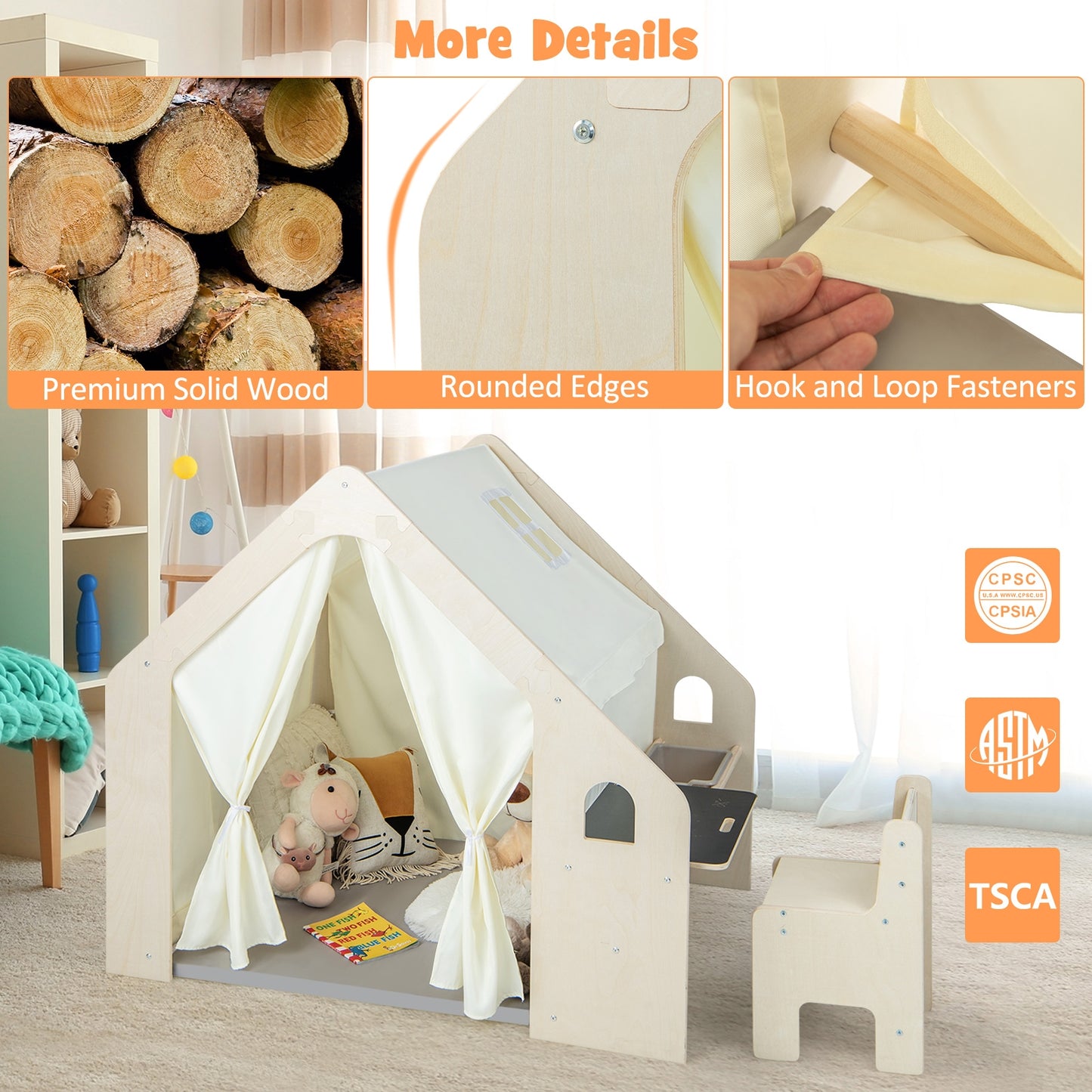 Montessori Style Indoor Playhouse with Storage Bin and Floor Mat for Toddlers Aged 2-6 Years Old-Beige Kids Crystal