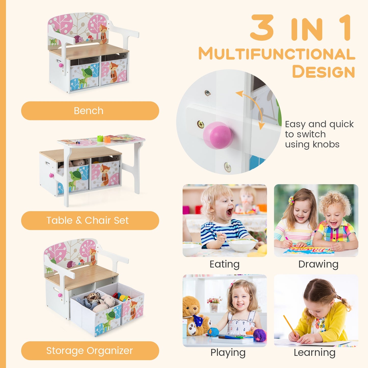 3 in 1 Kids Convertible Activity Bench with 2 Removable Fabric Bins-White