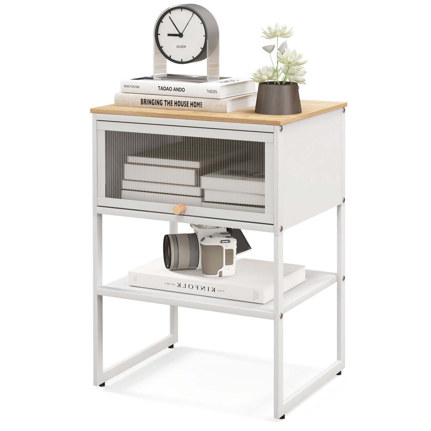 Nightstand with Flip up Door Storage Shelf-White Kids Crystal