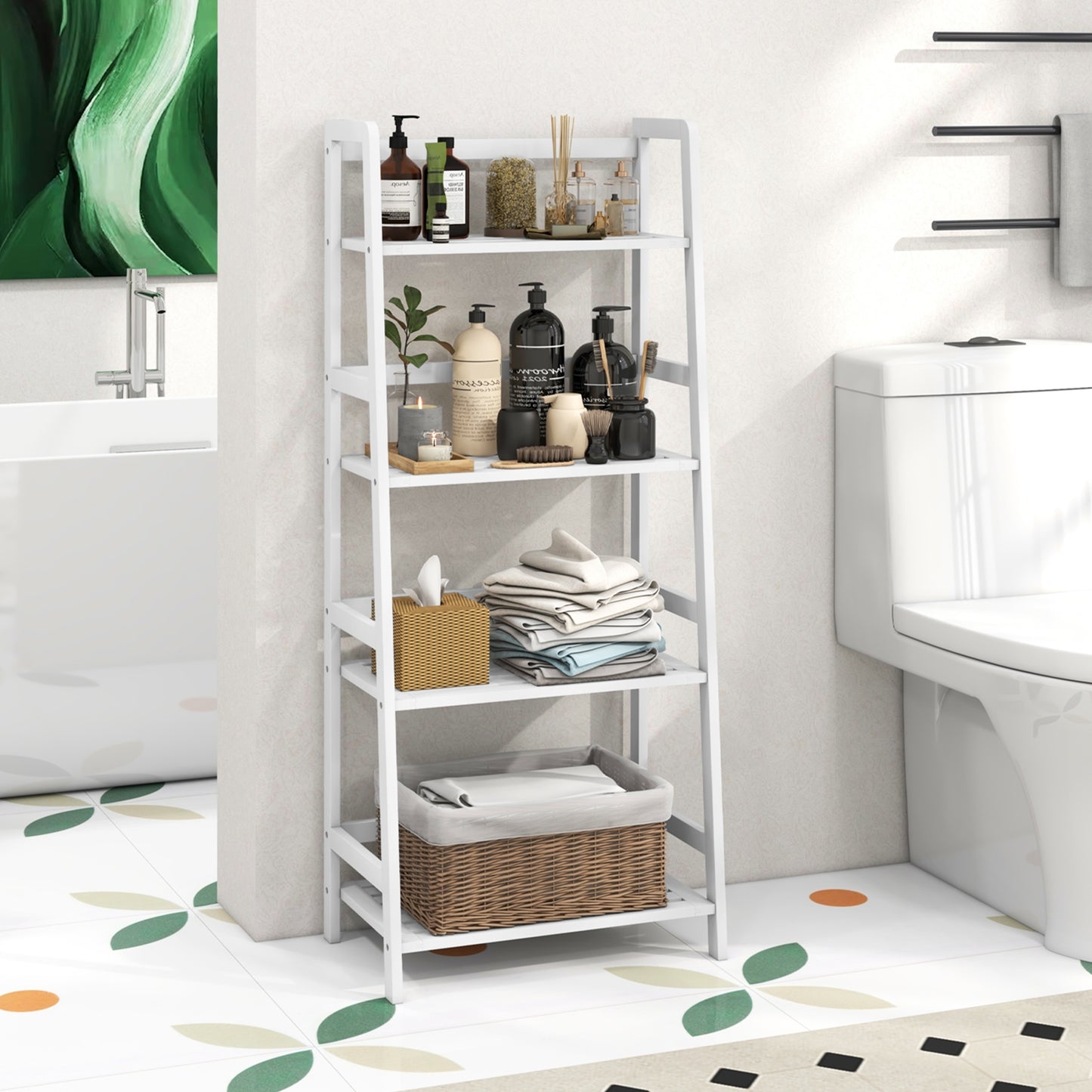 47.5 Inch 4-Tier Multifunctional Bamboo Bookcase Storage Stand Rack-White Kids Crystal