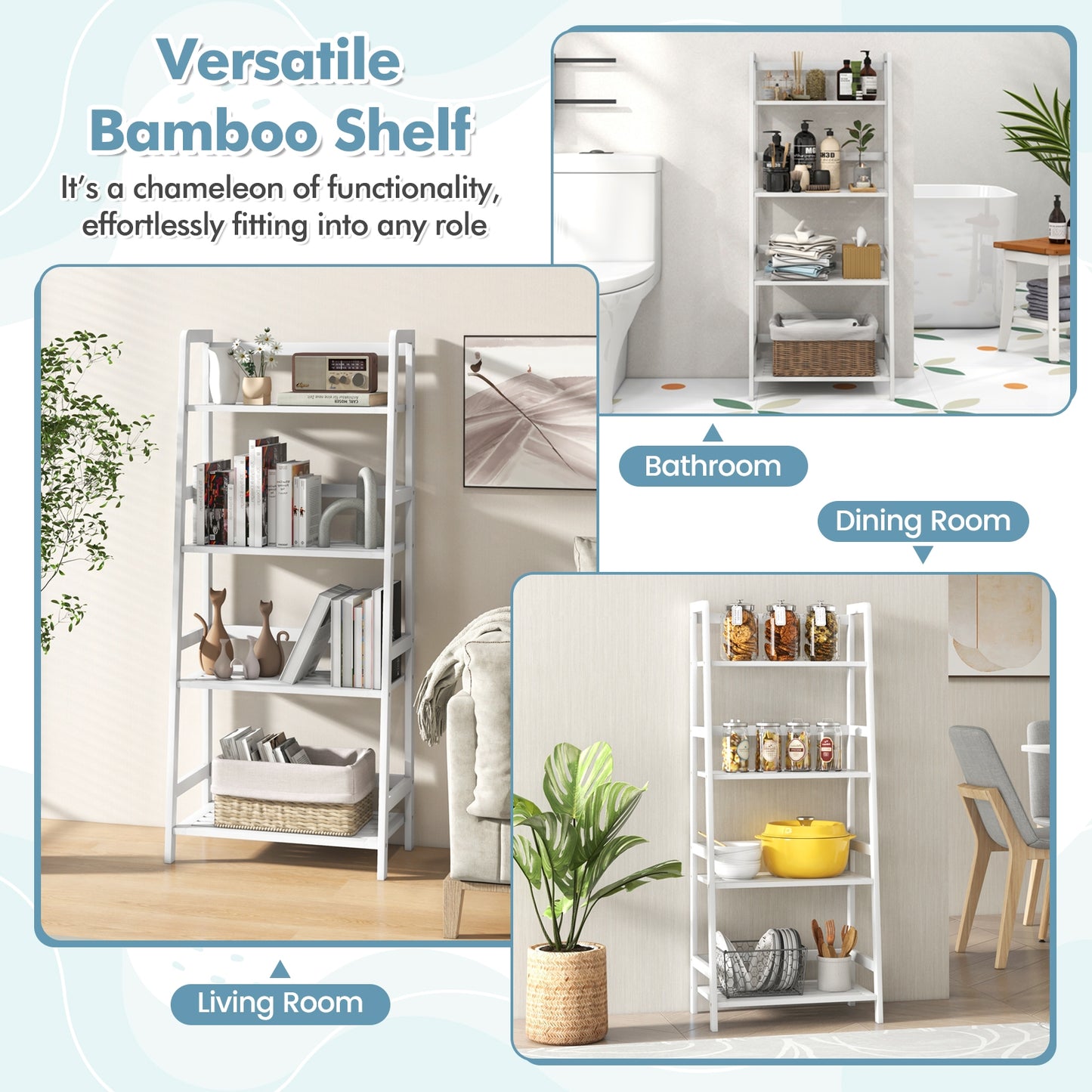 47.5 Inch 4-Tier Multifunctional Bamboo Bookcase Storage Stand Rack-White Kids Crystal