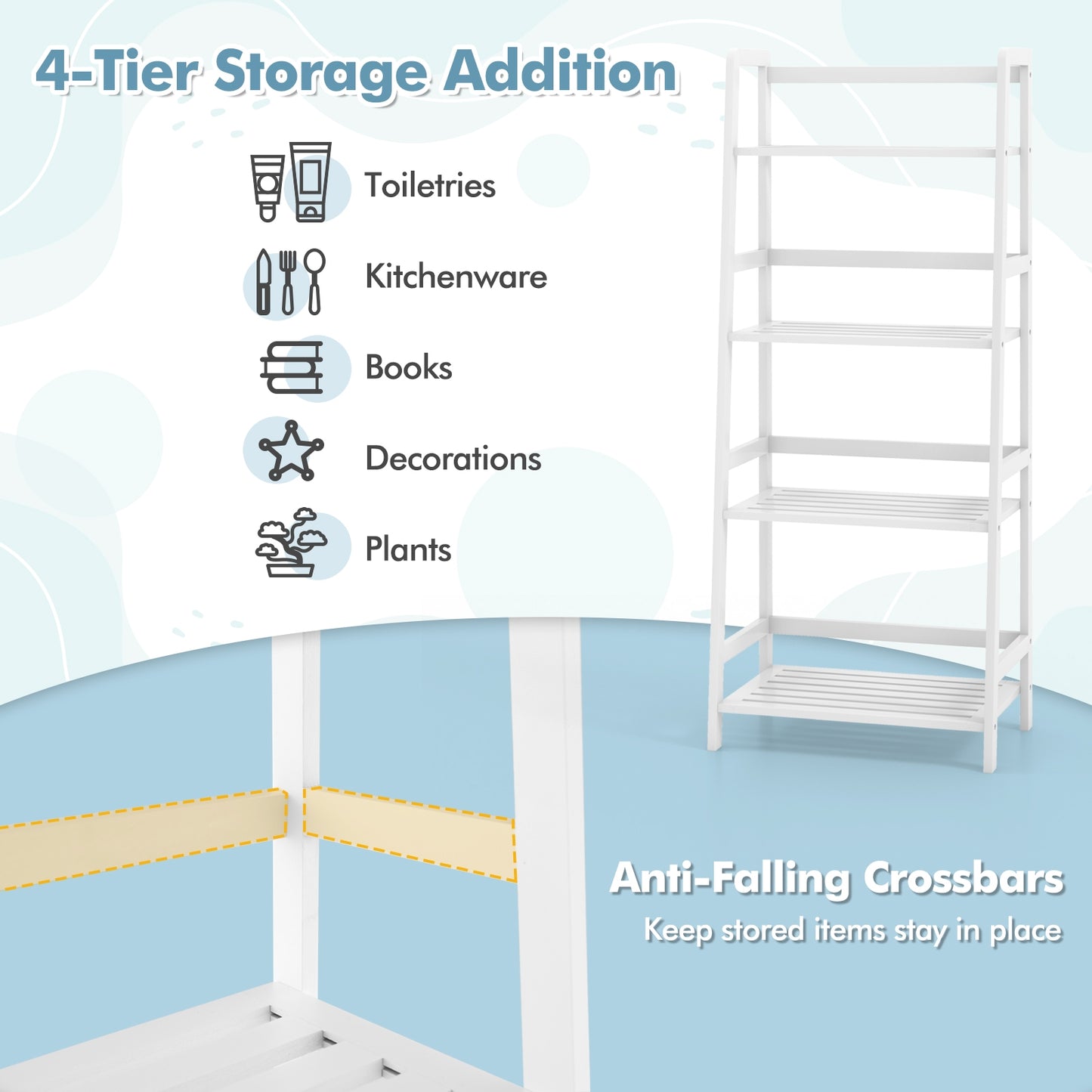 47.5 Inch 4-Tier Multifunctional Bamboo Bookcase Storage Stand Rack-White Kids Crystal