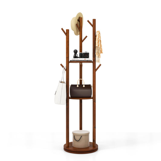 Freestanding Wooden Coat Tree with 3 Display Storage Shelves and 9 Hooks Kids Crystal