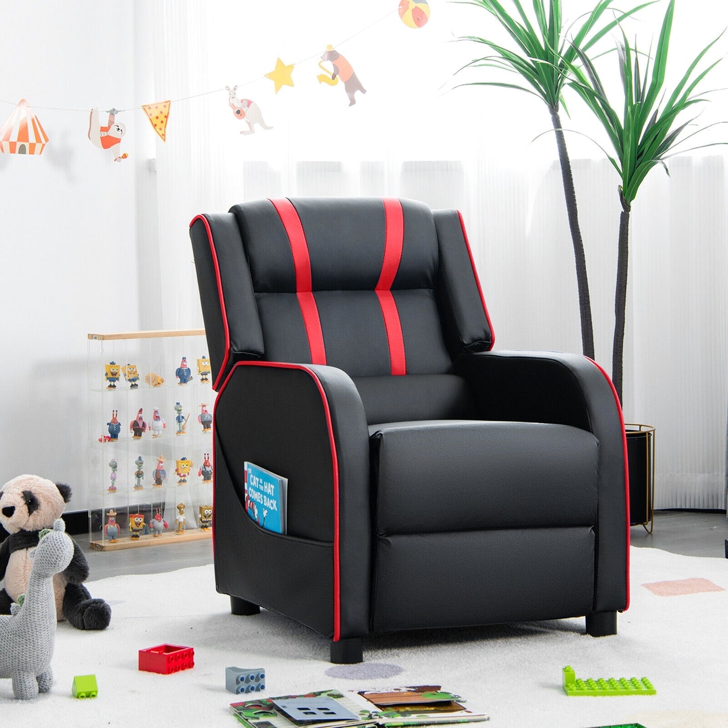 Kids Recliner Chair with Side Pockets and Footrest-Red Kids Crystal
