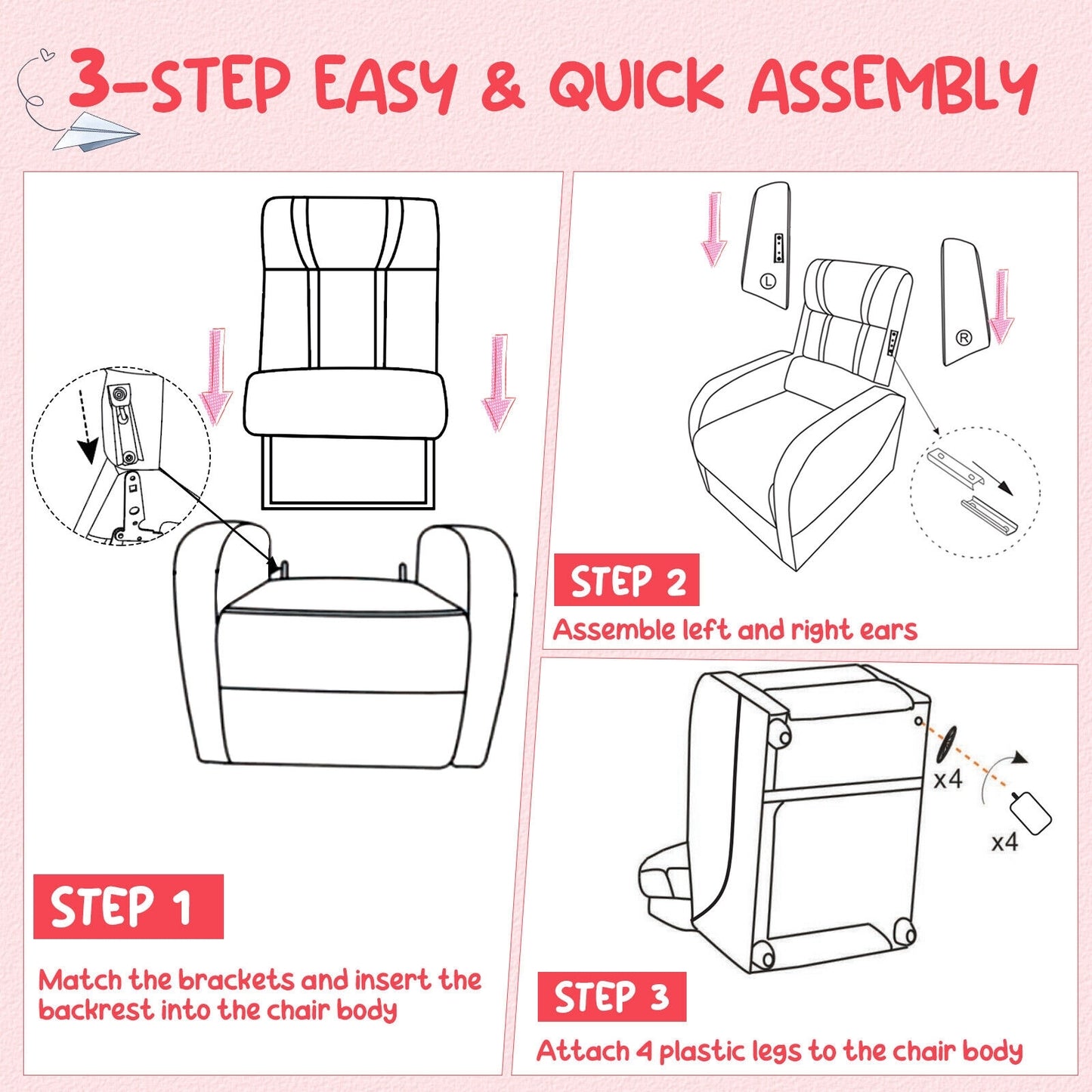 Kids Recliner Chair with Side Pockets and Footrest-Red Kids Crystal