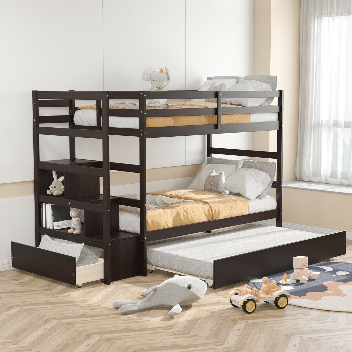 Twin Over Twin Bunk Bed with Storage Shelf and Drawer-Espresso Kids Crystal