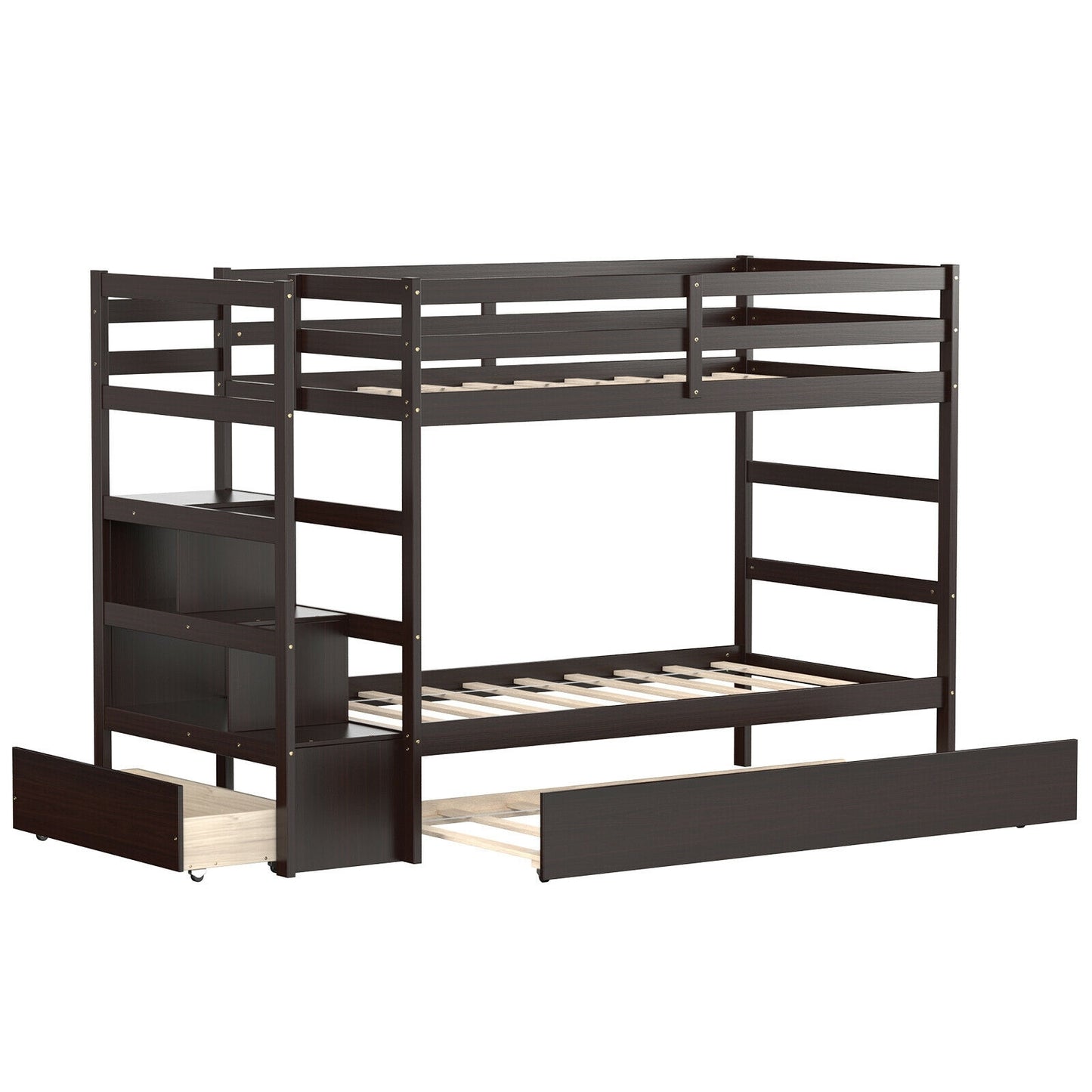 Twin Over Twin Bunk Bed with Storage Shelf and Drawer-Espresso Kids Crystal