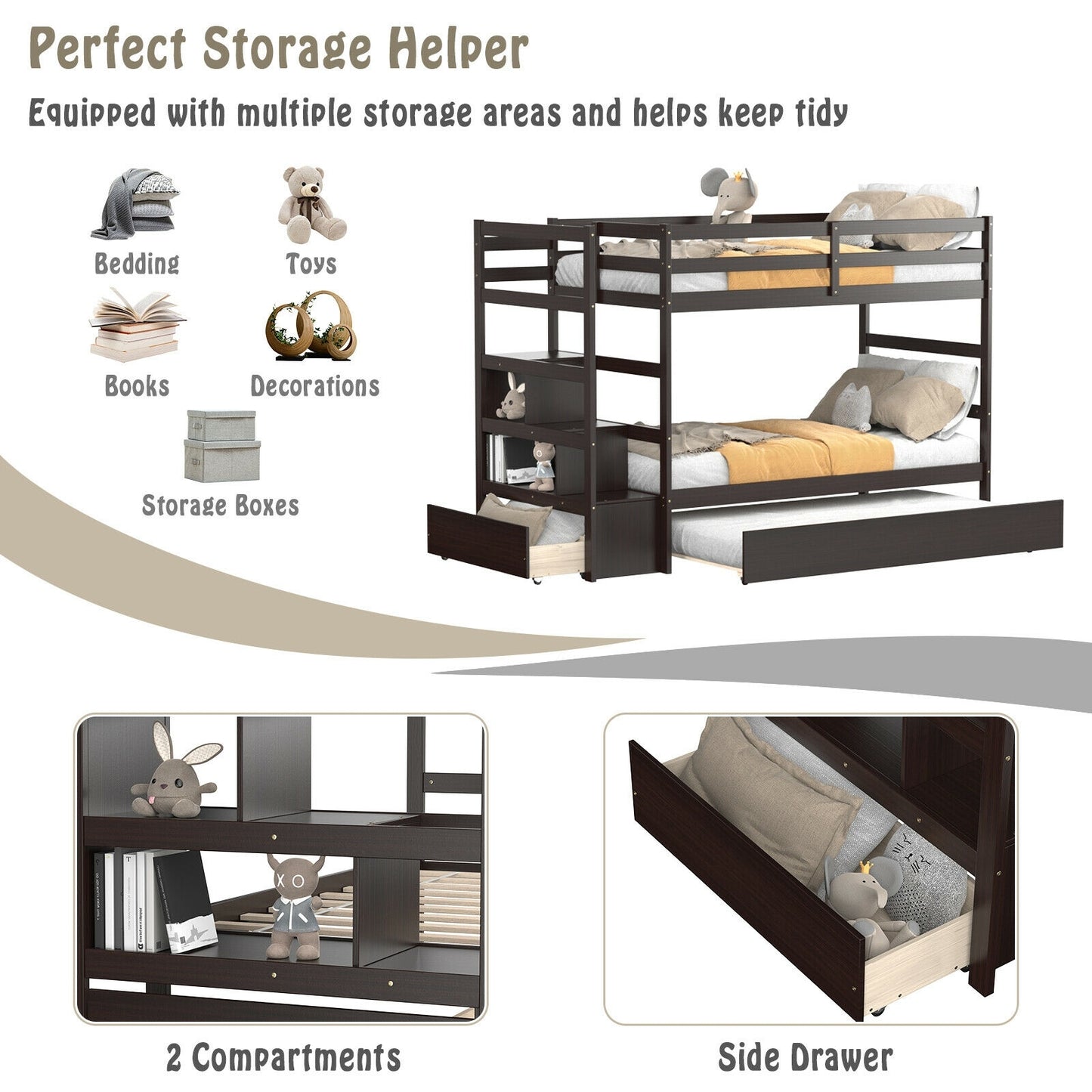 Twin Over Twin Bunk Bed with Storage Shelf and Drawer-Espresso Kids Crystal