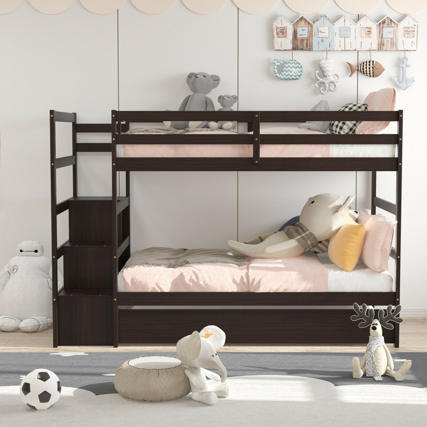 Twin Over Twin Bunk Bed with Storage Shelf and Drawer-Espresso Kids Crystal