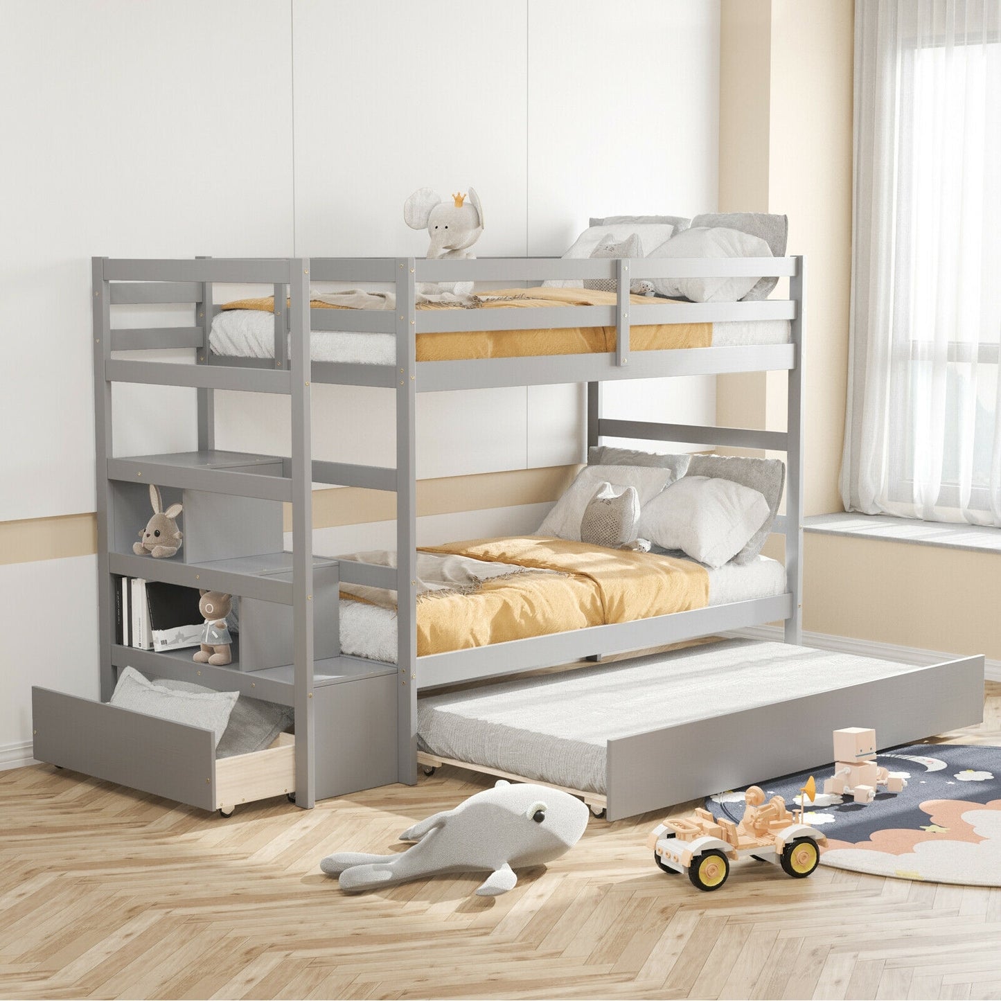 Twin Over Twin Bunk Bed with Storage Shelf and Drawer-Light Gray Kids Crystal