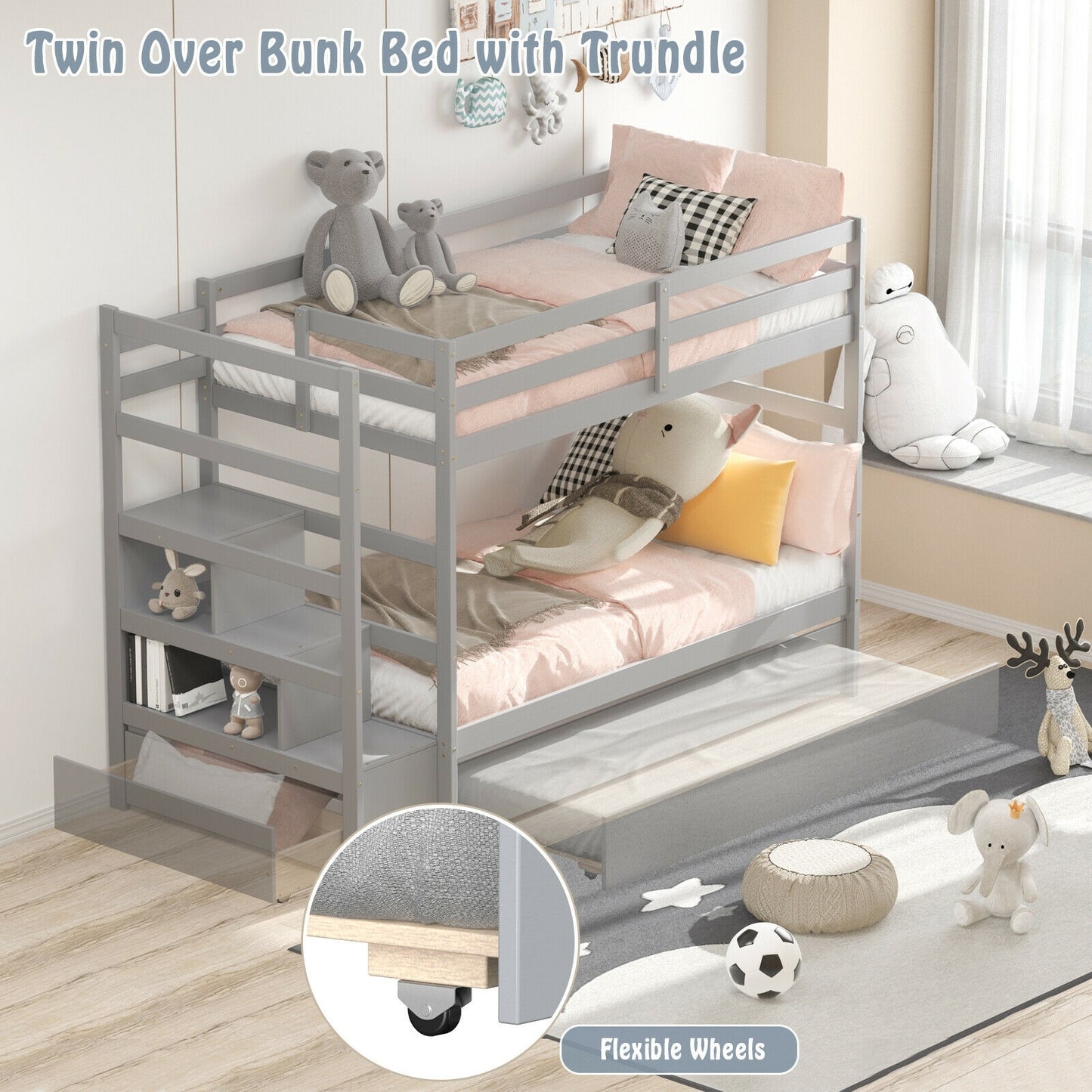 Twin Over Twin Bunk Bed with Storage Shelf and Drawer-Light Gray Kids Crystal
