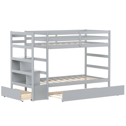 Twin Over Twin Bunk Bed with Storage Shelf and Drawer-Light Gray