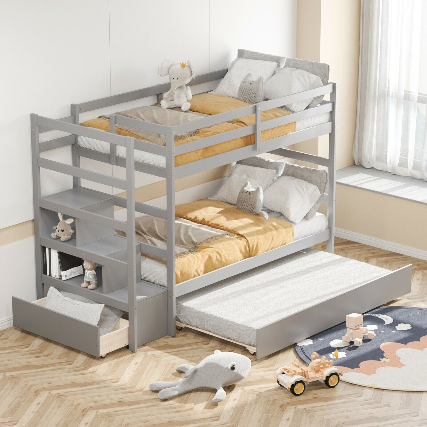 Twin Over Twin Bunk Bed with Storage Shelf and Drawer-Light Gray Kids Crystal