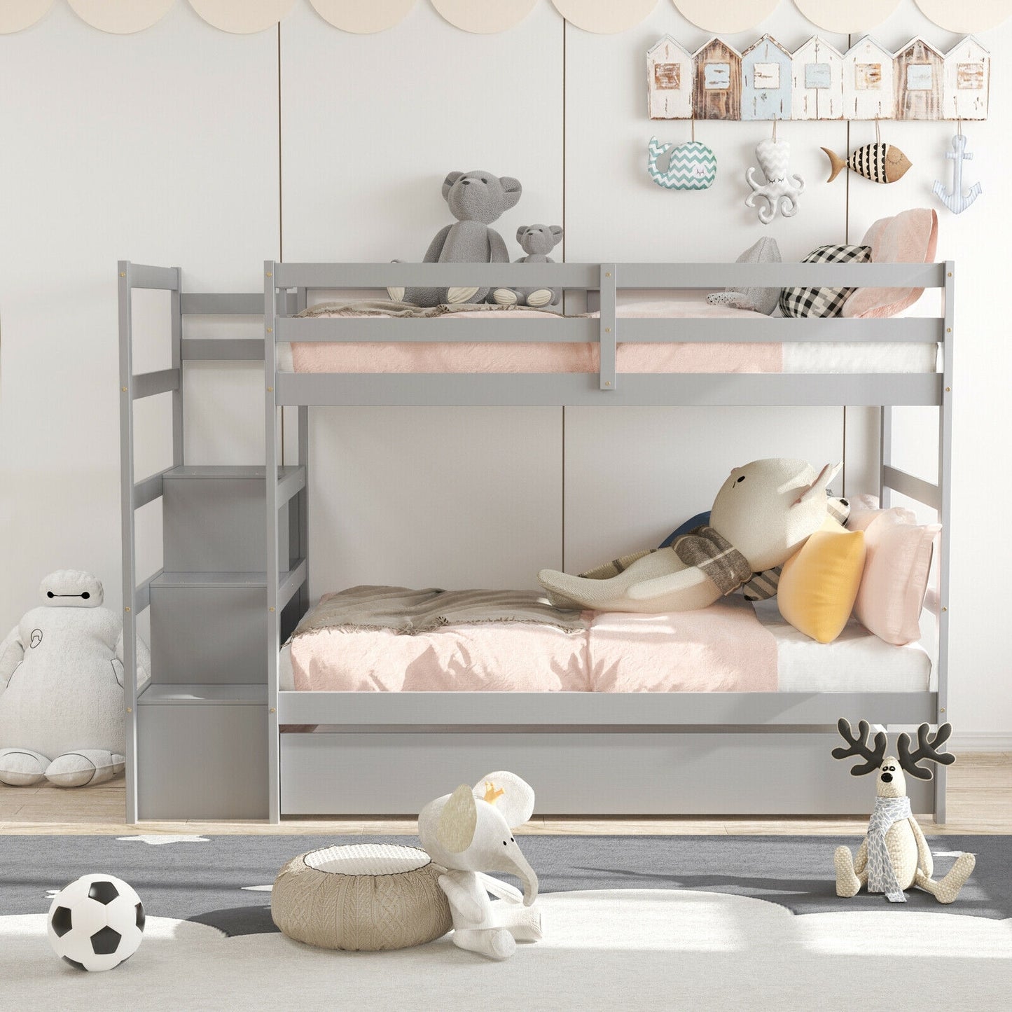 Twin Over Twin Bunk Bed with Storage Shelf and Drawer-Light Gray Kids Crystal