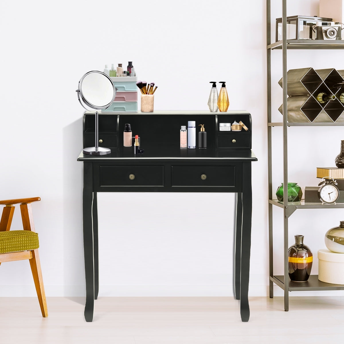 Writing Desk 2-Tier Vanity Desk Computer Desk with 4 Drawers-Black Kids Crystal