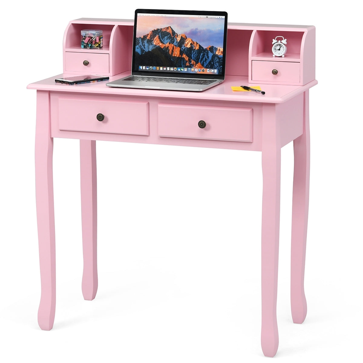 Writing Desk 2-Tier Vanity Desk Computer Desk with 4 Drawers-Pink Kids Crystal