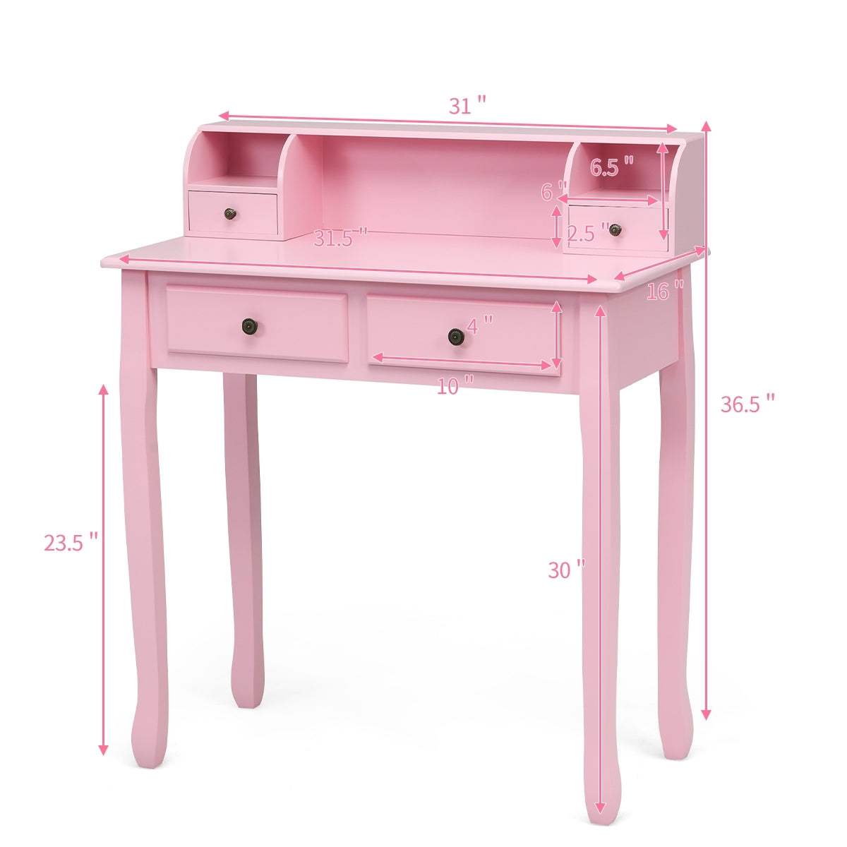 Writing Desk 2-Tier Vanity Desk Computer Desk with 4 Drawers-Pink Kids Crystal