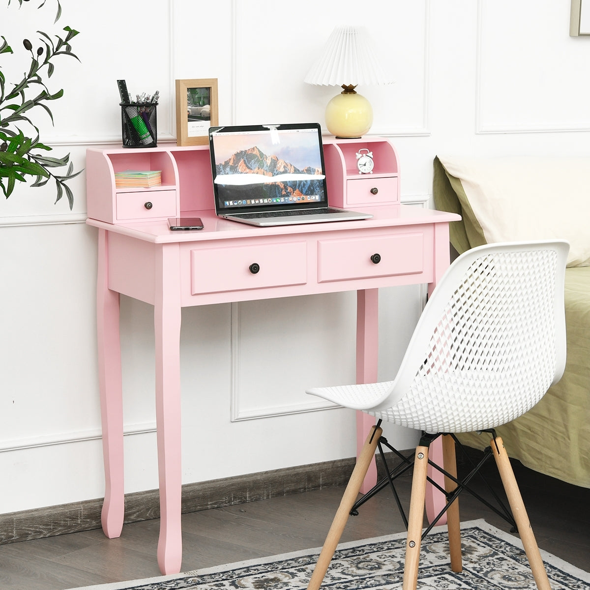 Writing Desk 2-Tier Vanity Desk Computer Desk with 4 Drawers-Pink Kids Crystal