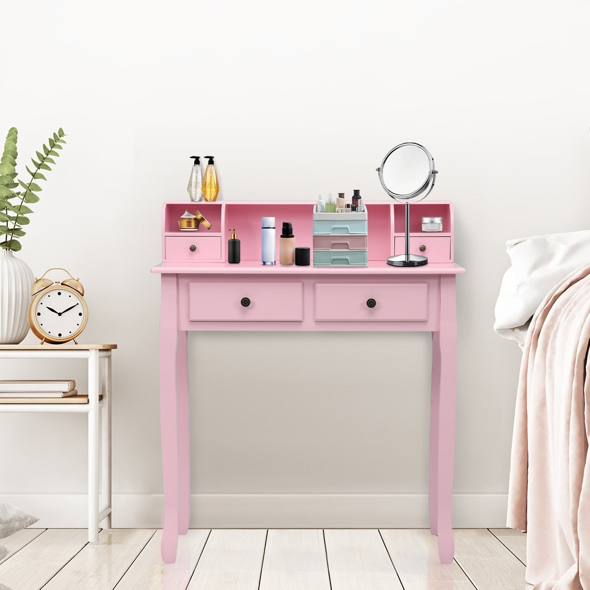 Writing Desk 2-Tier Vanity Desk Computer Desk with 4 Drawers-Pink Kids Crystal
