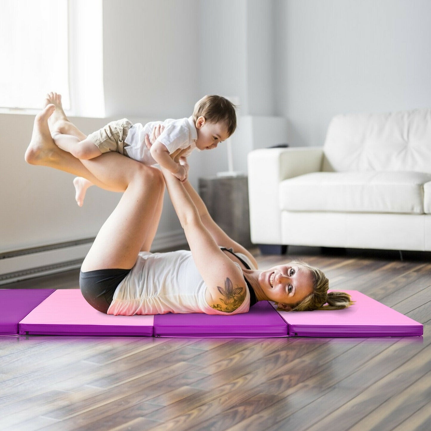 4 Feet x 8 Feet Folding Gymnastics Panel Mat with Handles Hook-Pink Kids Crystal