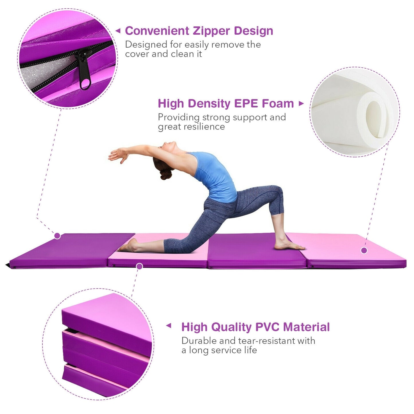 4 Feet x 8 Feet Folding Gymnastics Panel Mat with Handles Hook-Pink Kids Crystal