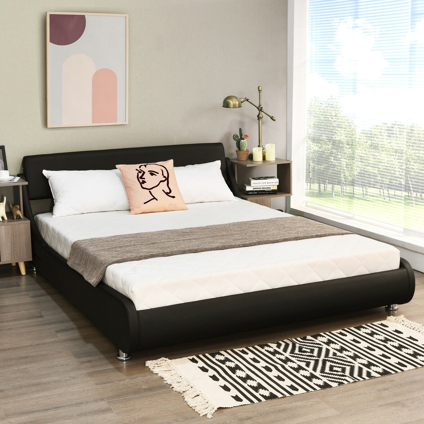 Full Size Faux Leather Upholstered Platform Bed Adjustable Headboard-Black Kids Crystal
