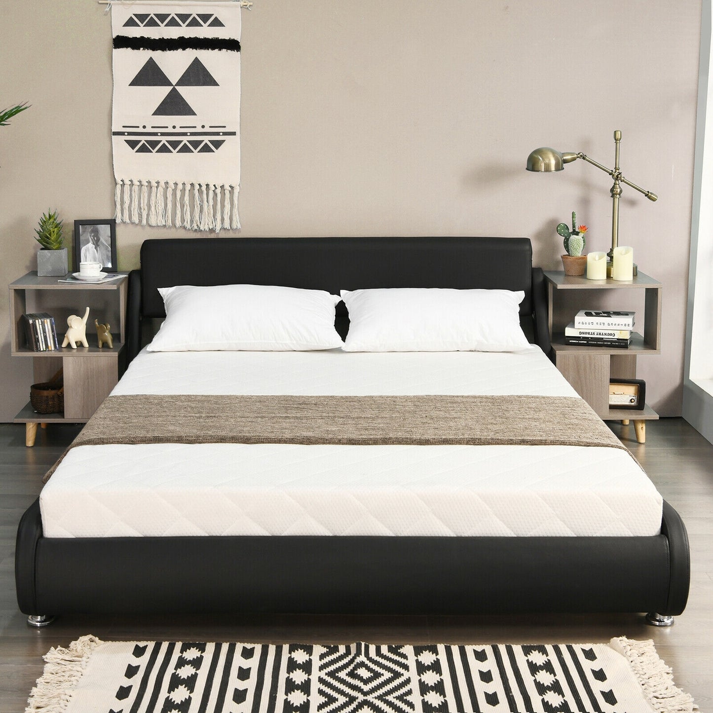 Full Size Faux Leather Upholstered Platform Bed Adjustable Headboard-Black Kids Crystal