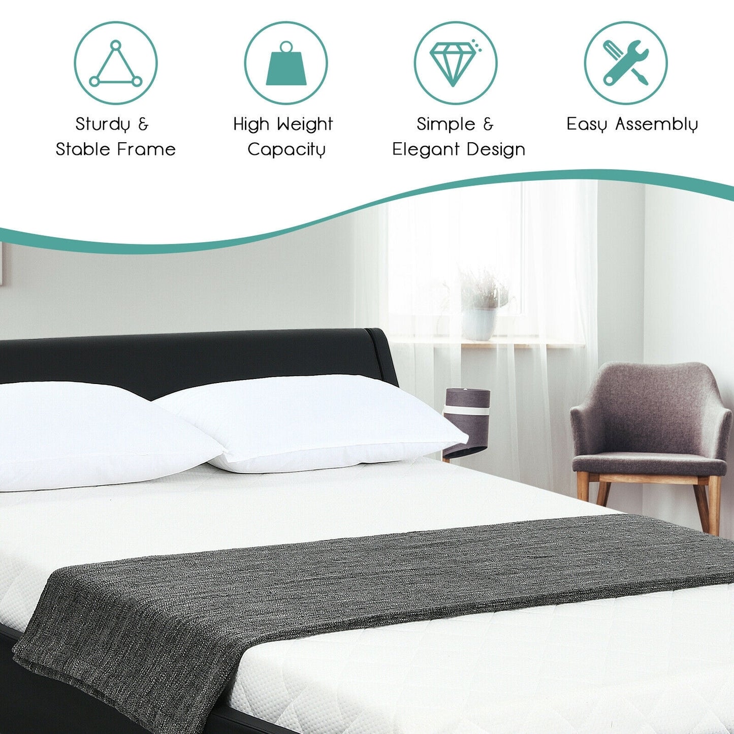 Queen Faux Leather Upholstered Platform Bed Frame Adjustable Headboard-Black Kids Crystal