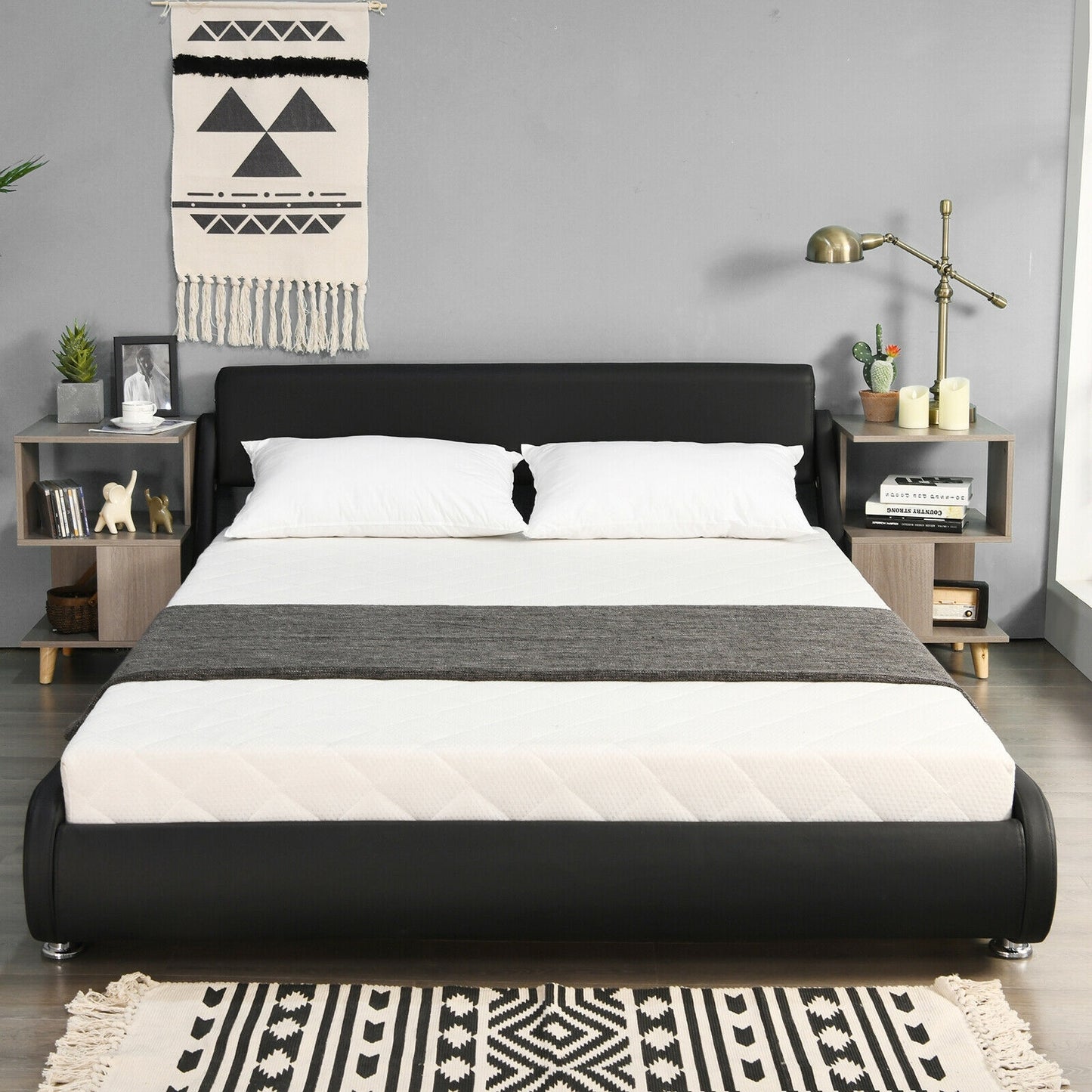 Queen Faux Leather Upholstered Platform Bed Frame Adjustable Headboard-Black Kids Crystal