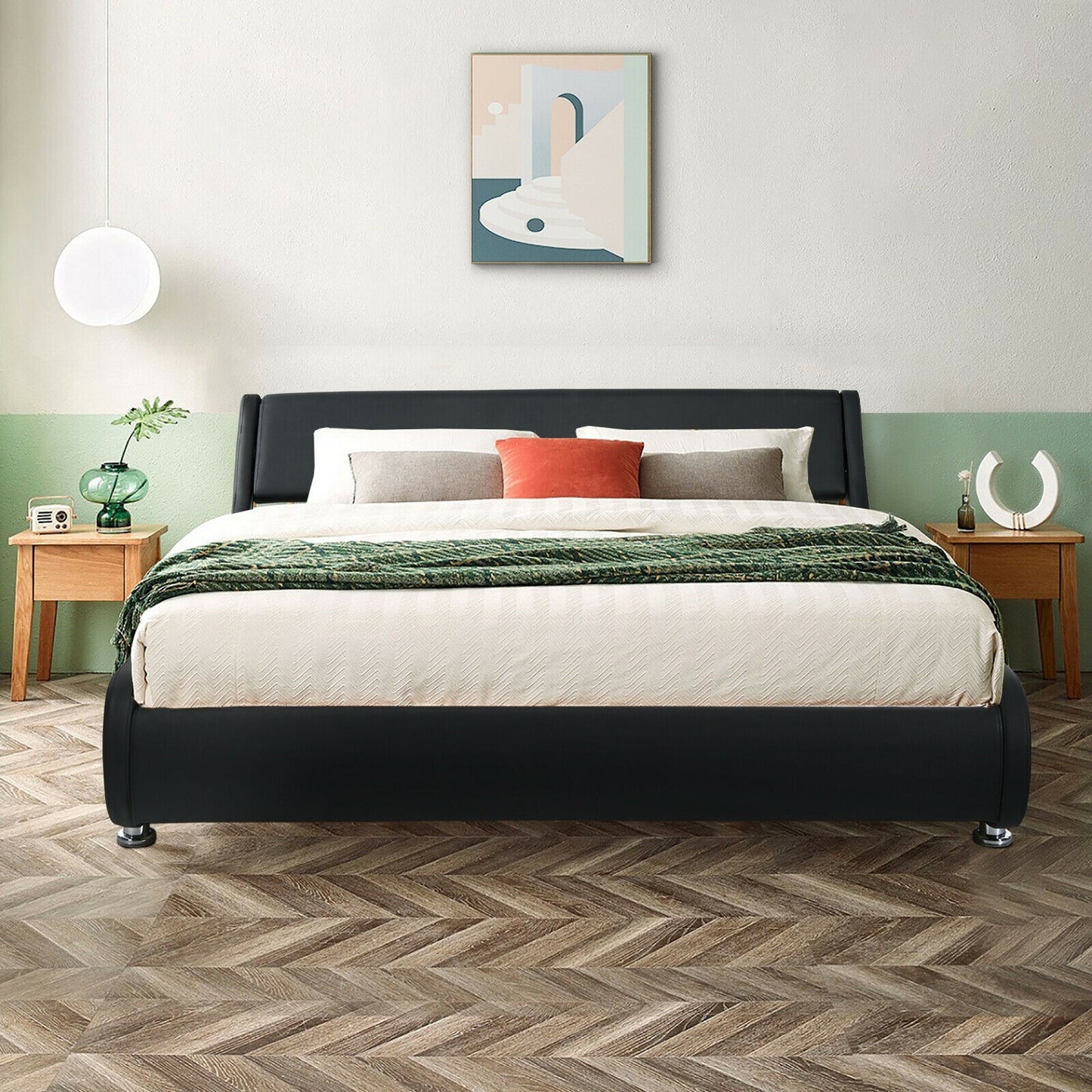 Queen Faux Leather Upholstered Platform Bed Frame Adjustable Headboard-Black Kids Crystal