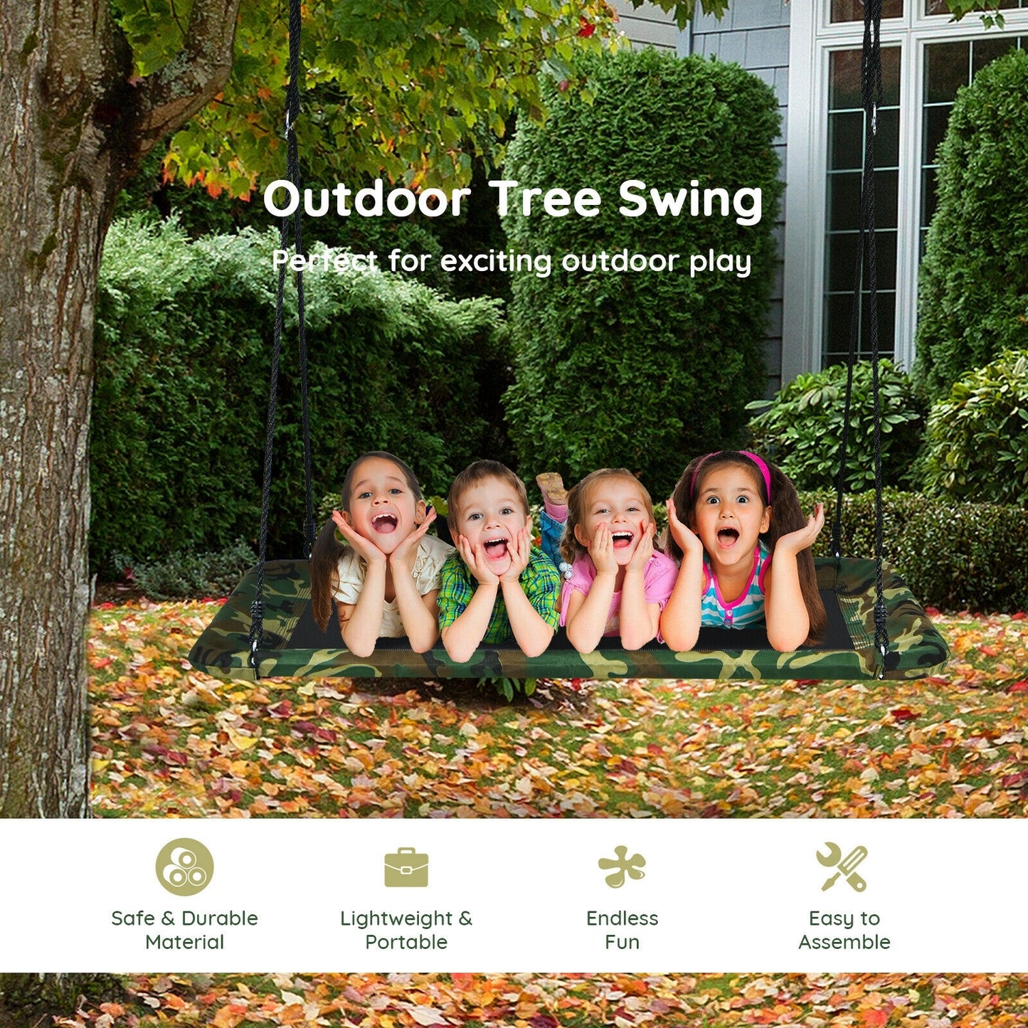 60 Inches Platform Tree Swing Outdoor with 2 Hanging Straps-Camouflage Kids Crystal