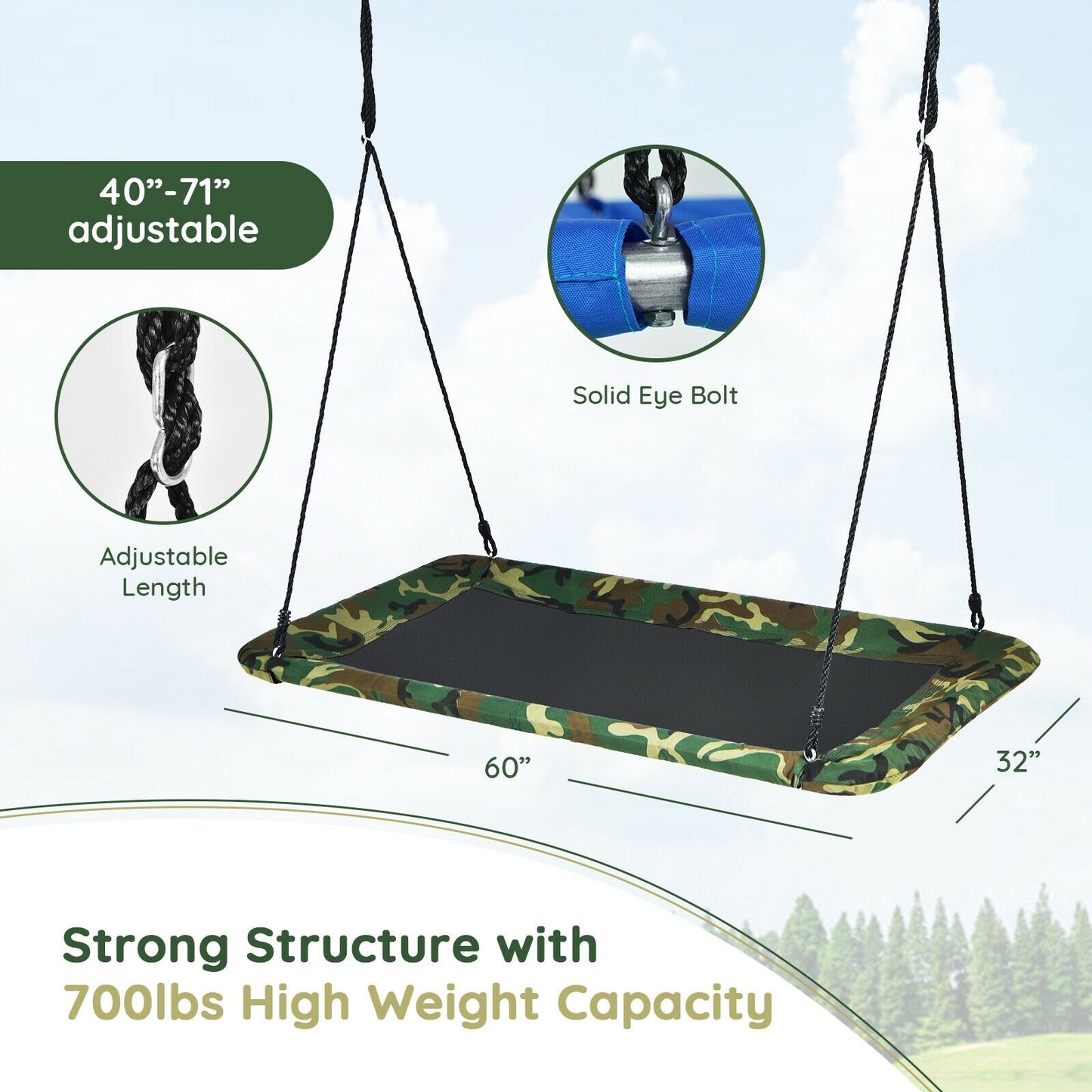 60 Inches Platform Tree Swing Outdoor with 2 Hanging Straps-Camouflage Kids Crystal