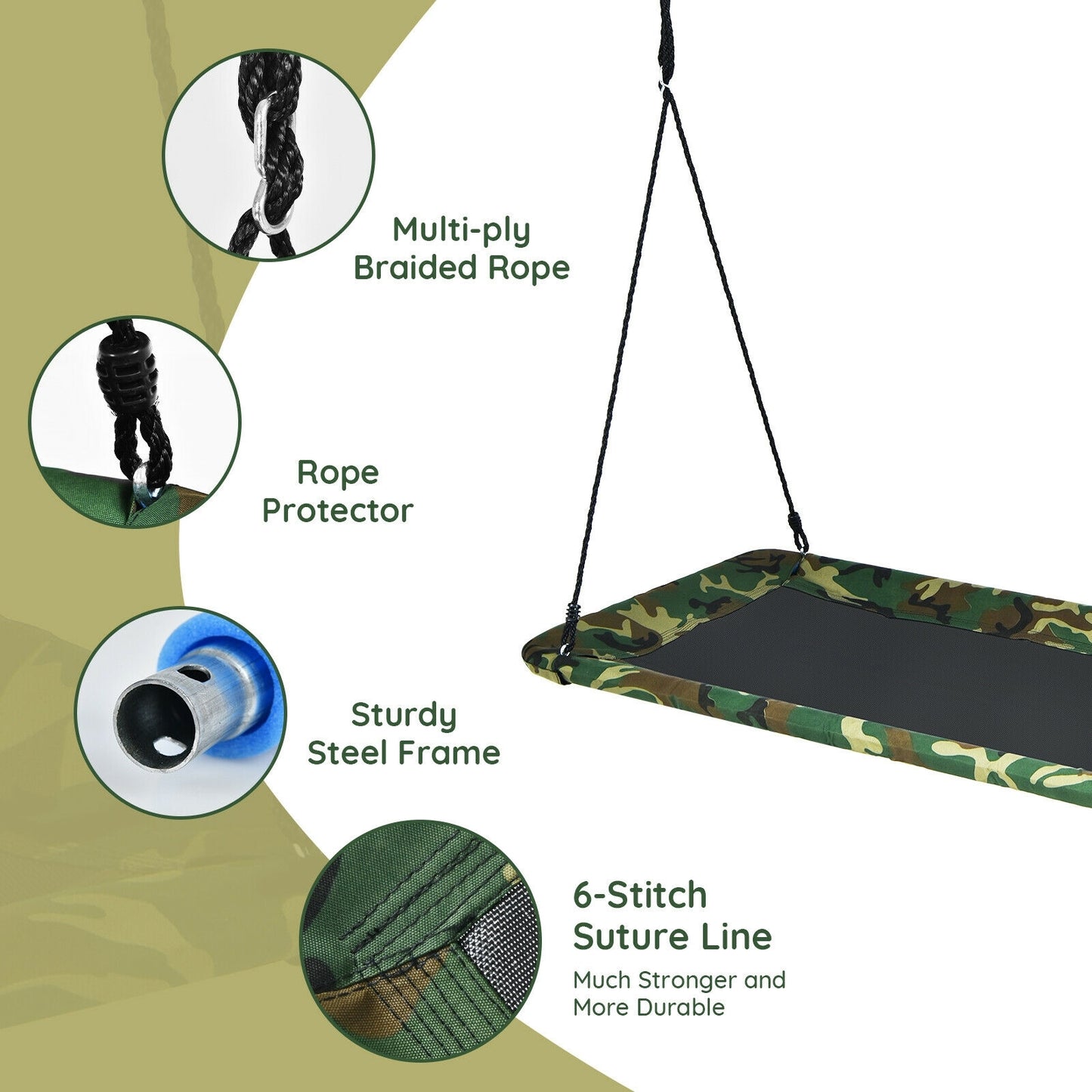 60 Inches Platform Tree Swing Outdoor with 2 Hanging Straps-Camouflage Kids Crystal