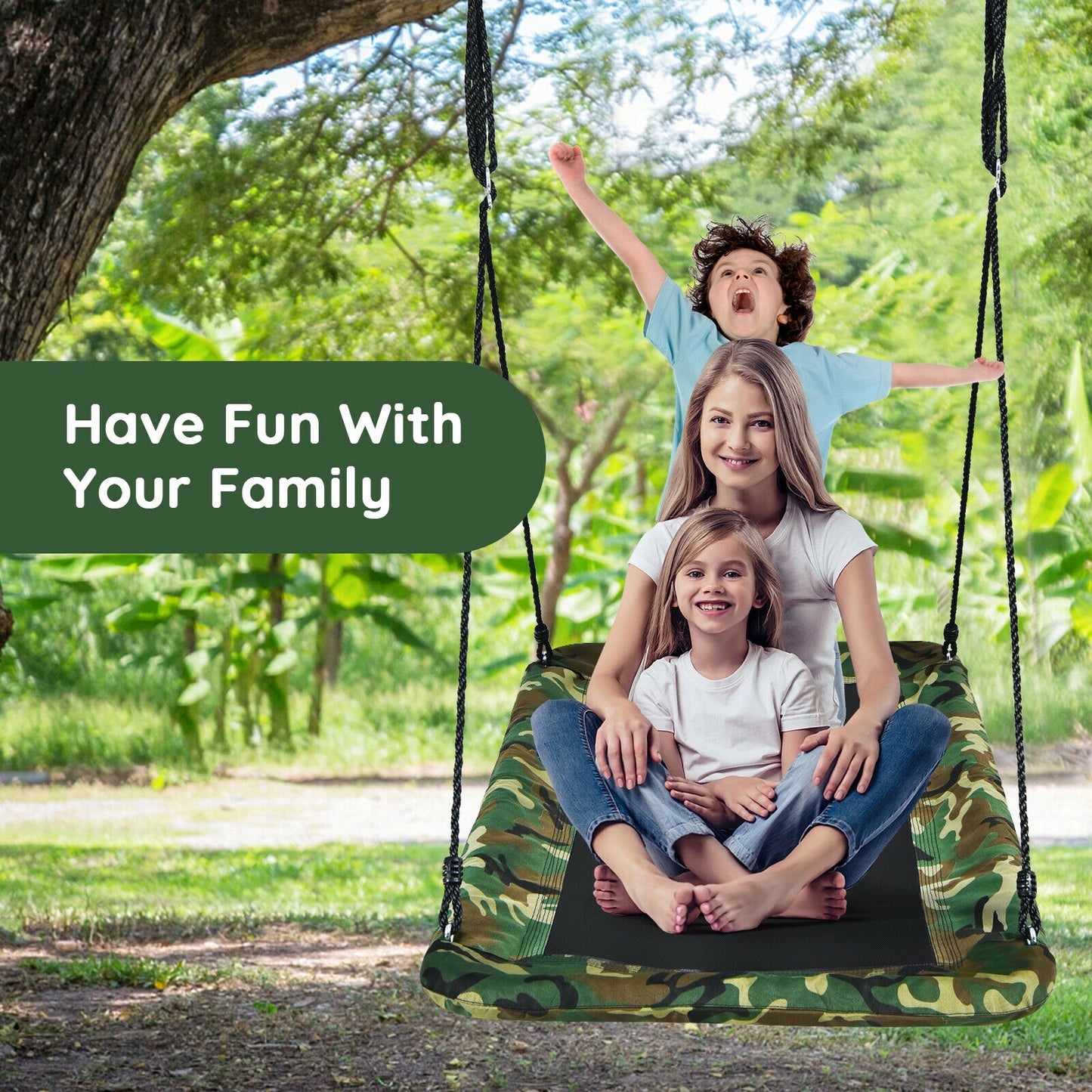 60 Inches Platform Tree Swing Outdoor with 2 Hanging Straps-Camouflage Kids Crystal