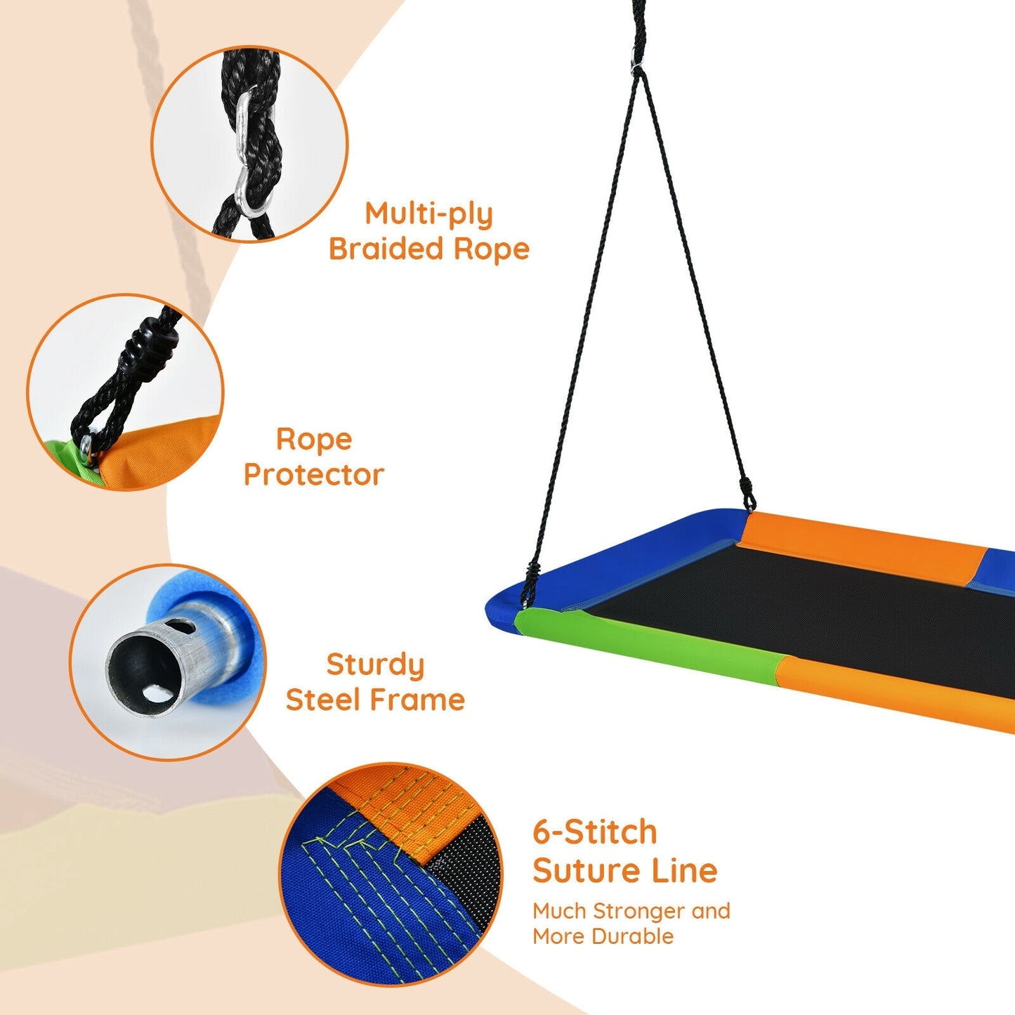 60 Inch Platform Tree Swing Outdoor with 2 Hanging Straps-Blue & Orange Kids Crystal