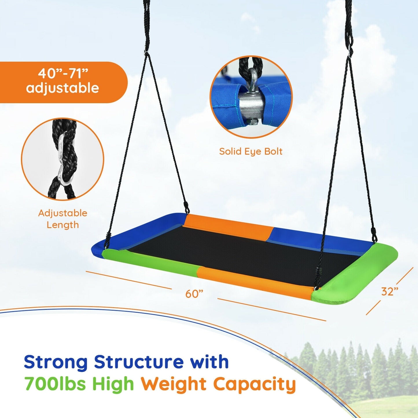 60 Inch Platform Tree Swing Outdoor with 2 Hanging Straps-Blue & Orange Kids Crystal