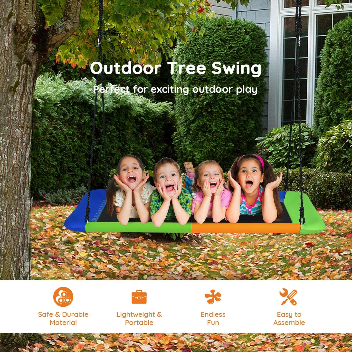 60 Inch Platform Tree Swing Outdoor with 2 Hanging Straps-Blue & Orange Kids Crystal