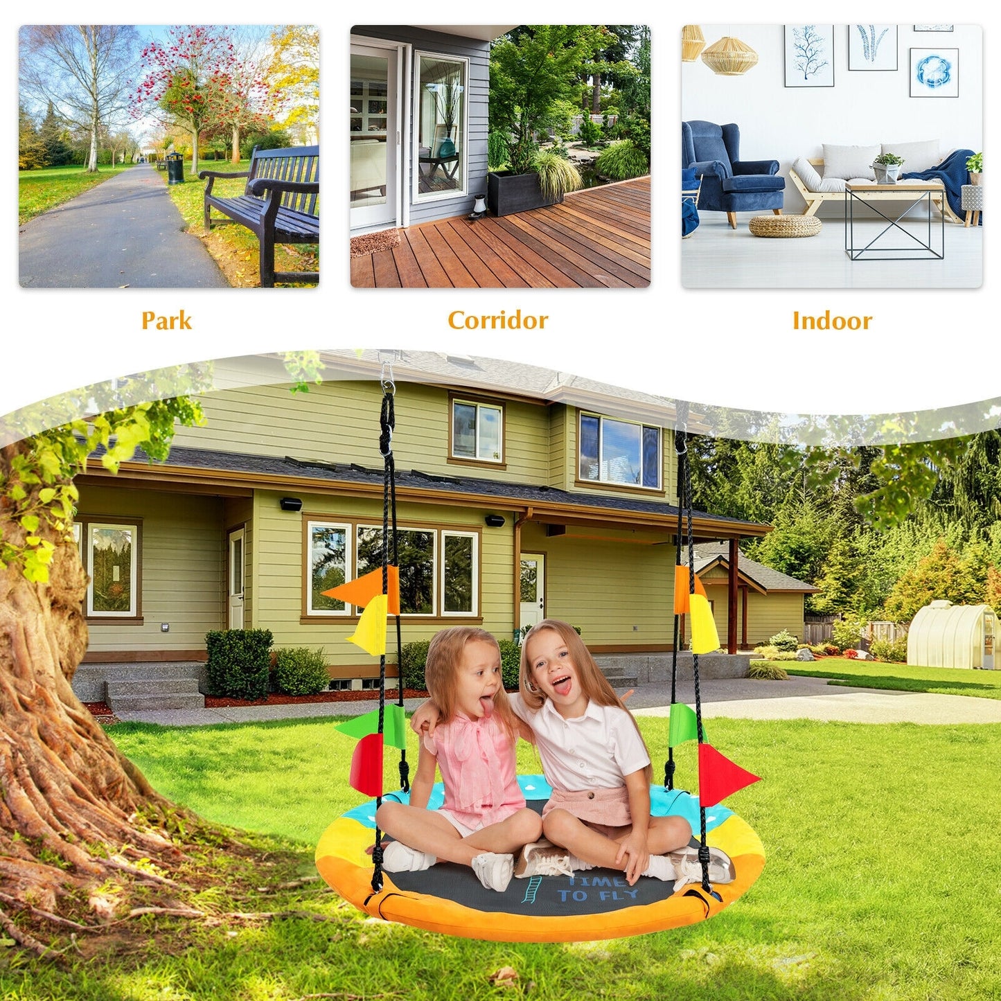 40 Inch Indoor Outdoor Flying Saucer Tree Swing with Hanging Strap Kids Crystal